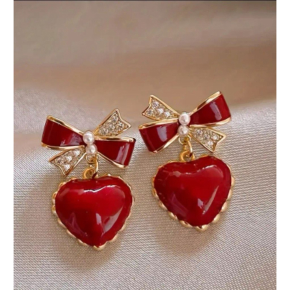 Women's Earrings Red Heart Bow - Picture 1 of 4